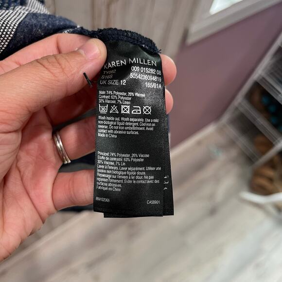 Karen Millen Blue Stripe Studded Tee Womens Size 8 Mixed Media Linen - Picture 3 of 6